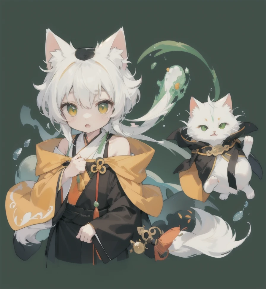 Yi,White cat,There is a round green jade stone on the chest,Wearing black and orange robes