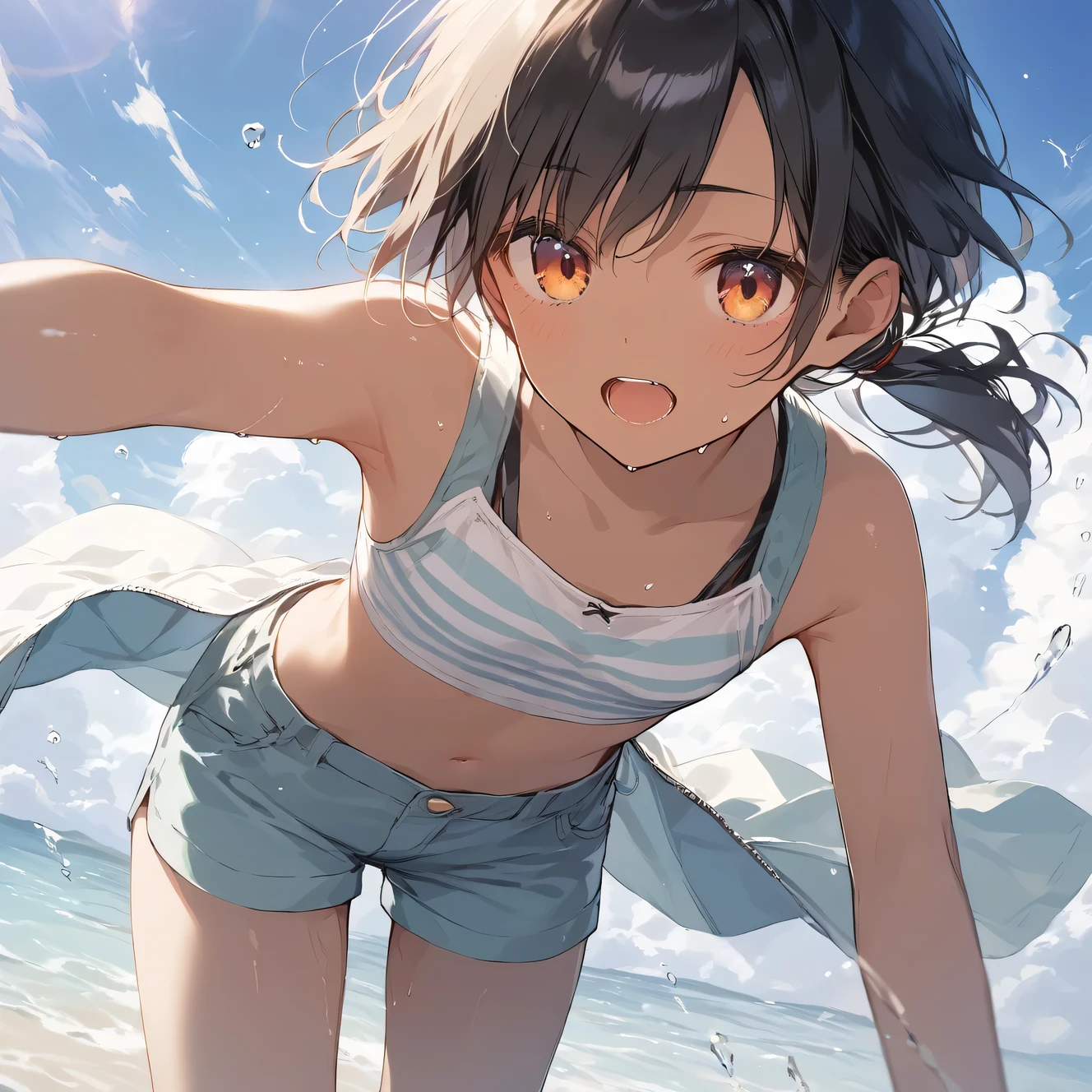 score_9, score_8_up, score_7_up, source_anime, best quality, masterpiece,official art, absurdres, highres, waifu2x,Collection: Slice of Life,break,1girl, tomboy, dark-skinned female, short hair, low ponytail, flat chest, beautiful detailed eyes, short shorts, sweat, open mouth, (yawn:0.3), sleepily, outdoors, wind, break,(clear line illustration:1.2),very high resolution, very aesthetic, super detailed skin, Best cinematic lighting powered by famous artist, 8k,cute picture,beauty illustration,photoshop_(medium),,(Detailed Lighting)