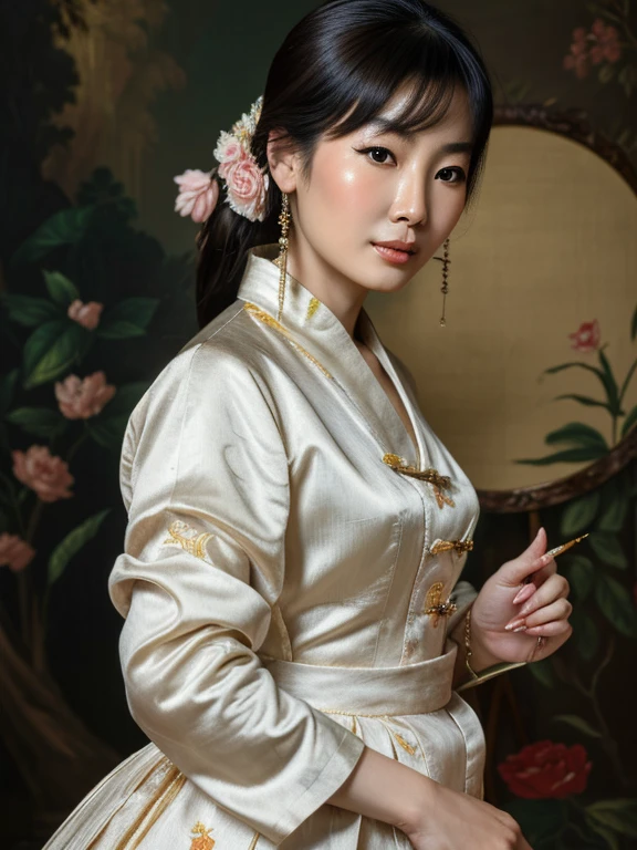 An extremely attractive 50s years old beautiful chinese woman, highly detailed painting, portrait, artwork by Francois Boucher, by Peter Paul Rubens,