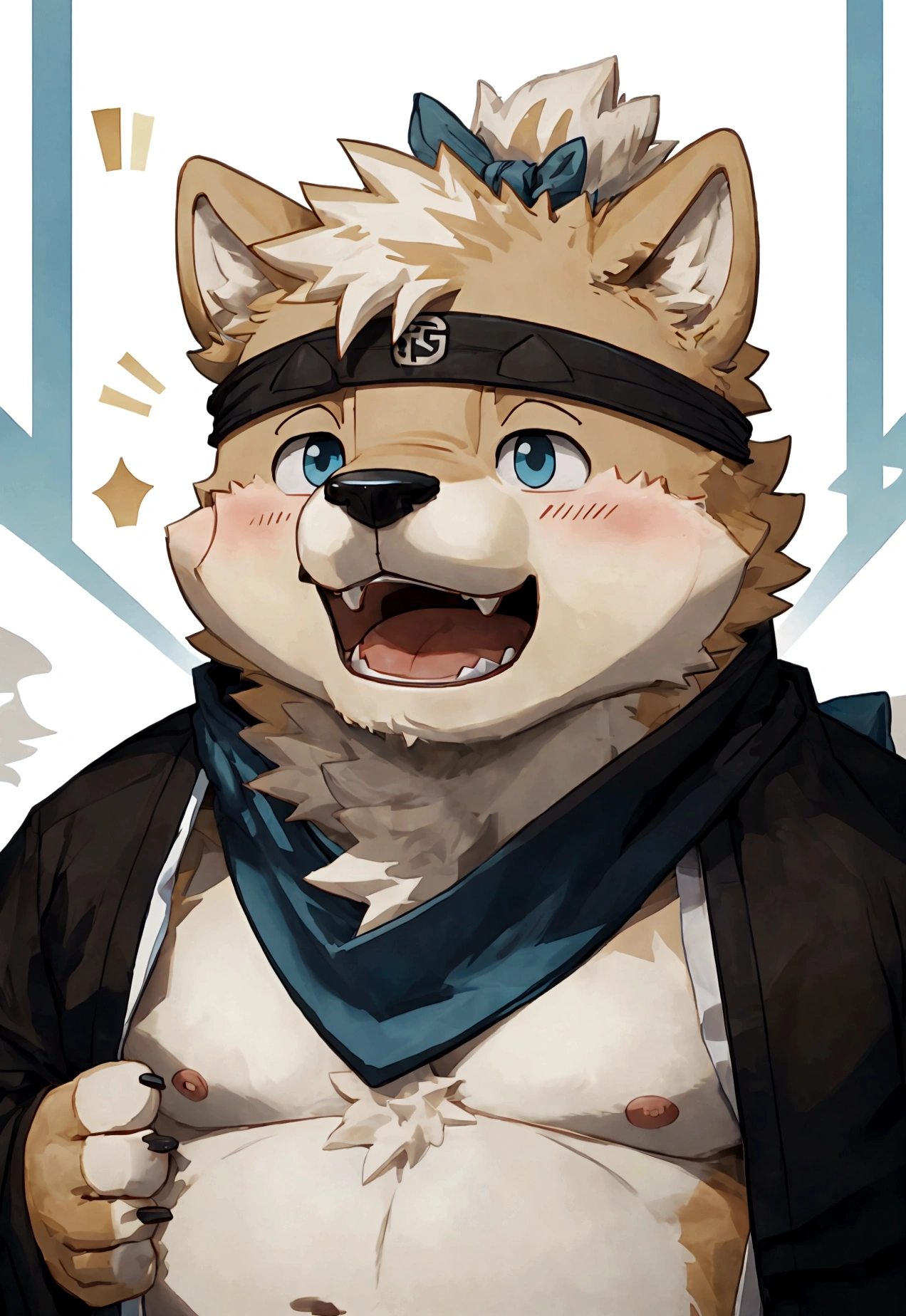 (masterpiece),(Very detailed),(best quality),hairy,Shiba Inu,fur,white hair,Gray pupil,Chubby,(Shota),(Japan samurai attire),((blue scarf)),((Brown headband)),(blush:1.1),((Close your eyes)),Happy expression,Temple Background,8K,(high quality),(Ultra high quality),(Super detailed),(Best Works)