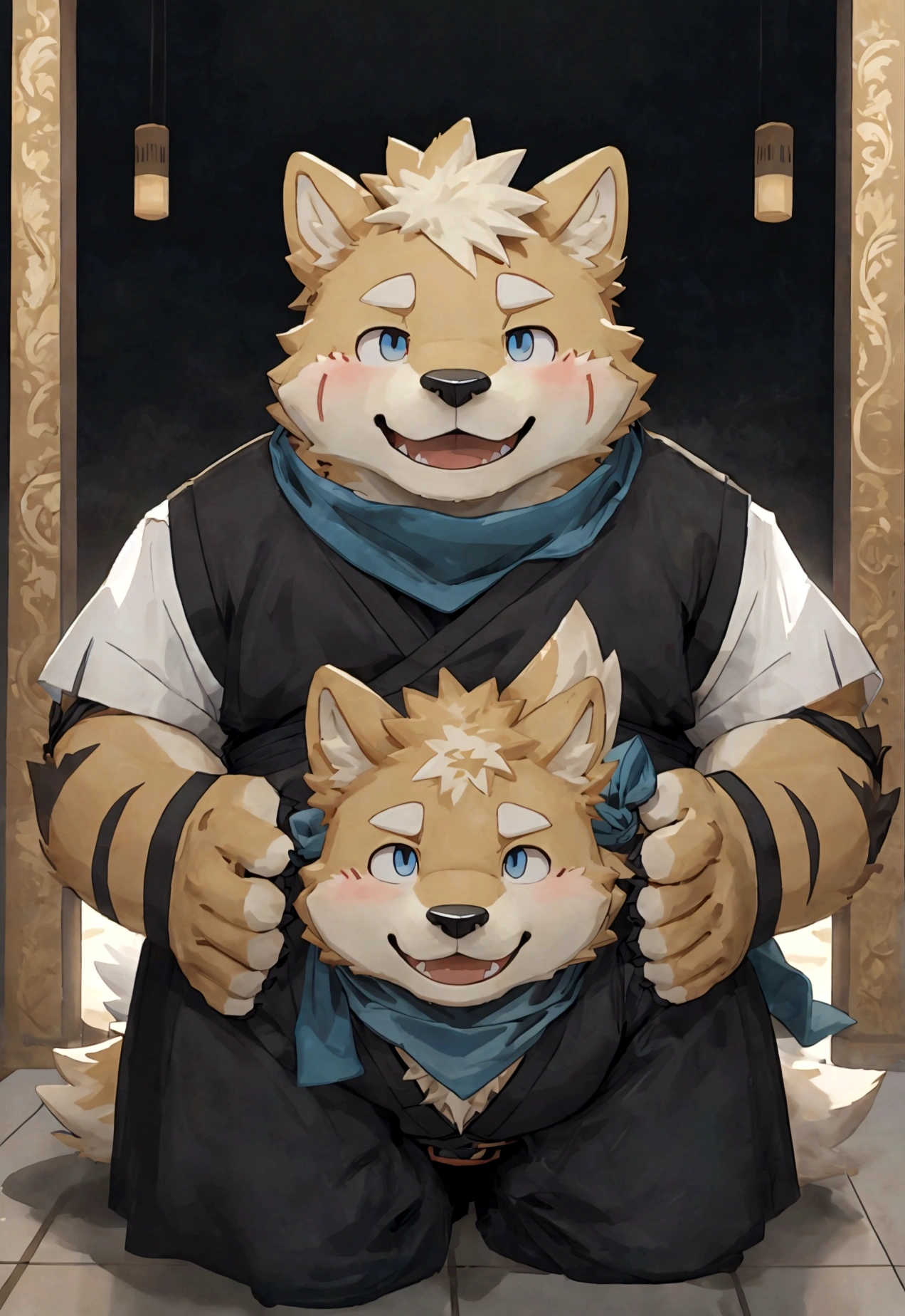 (masterpiece),(Very detailed),(best quality),hairy,Shiba Inu,fur,white hair,Gray pupil,Chubby,(Shota),(Japan samurai attire),((blue scarf)),((Brown headband)),(blush:1.1),((Close your eyes)),Happy expression,Temple Background,8K,(high quality),(Ultra high quality),(Super detailed),(Best Works)