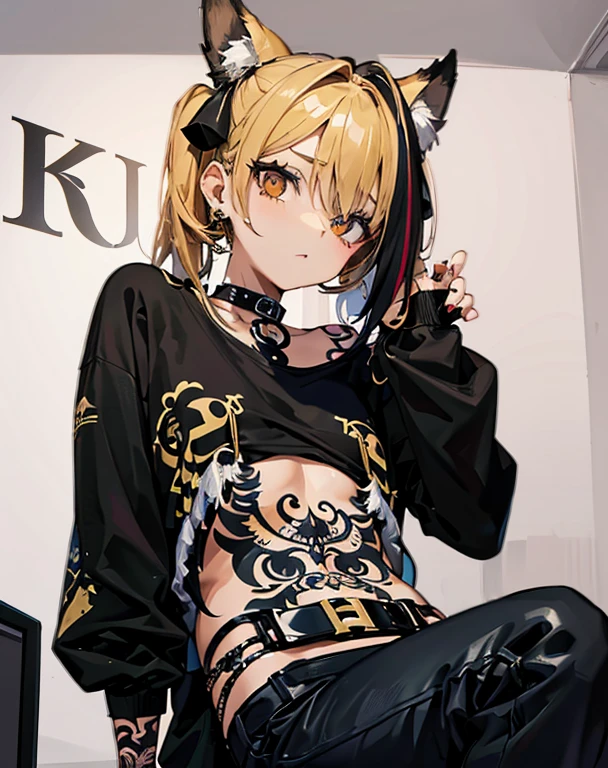 chica pelo marron, ojos marrones oscuros, tattoo tibal en el cuello, ropa ajustada, chocker negro, sexy egirl, habitacion gamer, contextura media