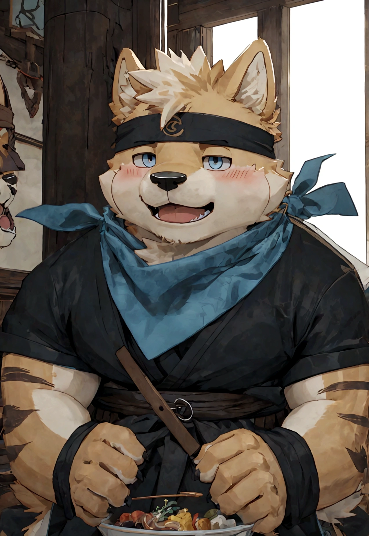 (masterpiece)，(Very detailed)，(best quality)，hairy，Shiba Inu，fur，white hair，Gray pupil，Chubby，(Shota)，(Japan samurai attire)，((blue scarf))，((Brown headband))，(blush:1.1)，((Close your eyes))，Happy expression，Temple Background，8K，(high quality)，(Ultra high quality)，(Super detailed)，(Best Works)