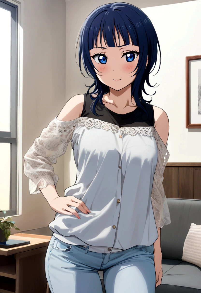1girl, asaka karin, Love live nijigasaki, modern living room background, casual clothes,