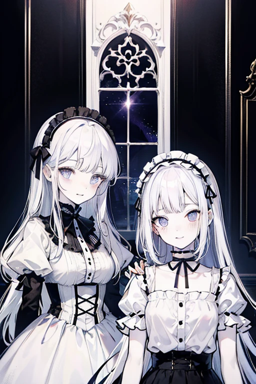 Tabletop, highest quality, (Perfect Face:1.1), (Attention to detail:1.1), (Ultra-detailed eyes), dramatic, Ultra-thin illustration, Very detailed, Two Girls, (Pale skin), (Medium White Hair), (Long White Hair), Psychic Eyes, We say, (Thin eyebrows),blush,smile, smile,Cinema Lighting, View Viewer,Gothic Lolita, Frills, ribbon,Headdress,room,White Dress,Black Dress,Purple Eyes,Get close,Flared skirt