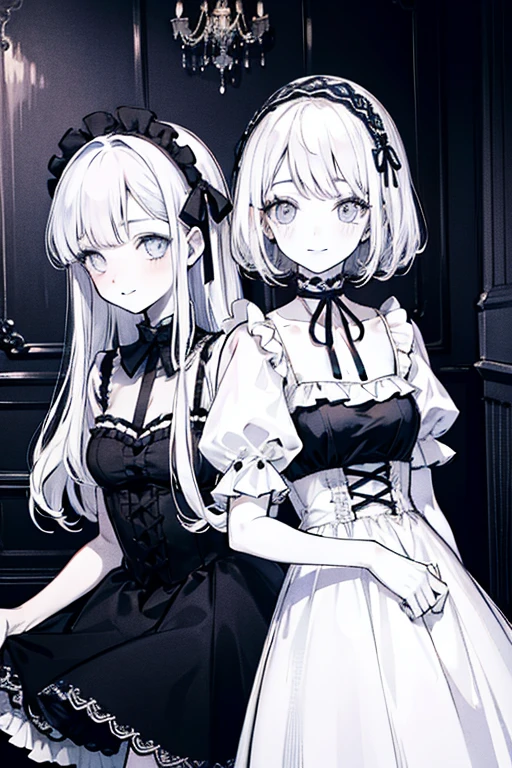 Tabletop, highest quality, (Perfect Face:1.1), (Attention to detail:1.1), (Ultra-detailed eyes), dramatic, Ultra-thin illustration, Very detailed, Two Girls, (Pale skin), (Medium White Hair), (Long White Hair), Psychic Eyes, We say, (Thin eyebrows),blush,smile, smile,Cinema Lighting, View Viewer,Gothic Lolita, Frills, ribbon,Headdress,room,White Dress,Black Dress,Purple Eyes,Get close,Flared skirt