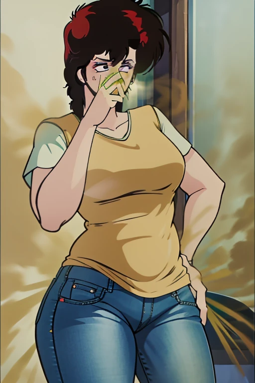 HD, high quality, high resolution, ultrahd,Kaori Makimura, 1female, wearing casual outfit, light green shirt, jeans, default hair, brown hair, very tall body, thin body, massive fart, yellow smoke, wide eyes, leaning, embarrassed, covering nose with hand, covering mouth with hand