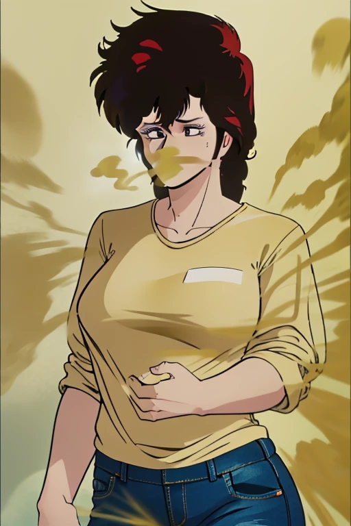 HD, high quality, high resolution, ultrahd,Kaori Makimura, 1female, wearing casual outfit, light green shirt, jeans, default hair, brown hair, very tall body, thin body, massive fart, yellow smoke, wide eyes, leaning, embarrassed, covering nose with hand, covering mouth with hand