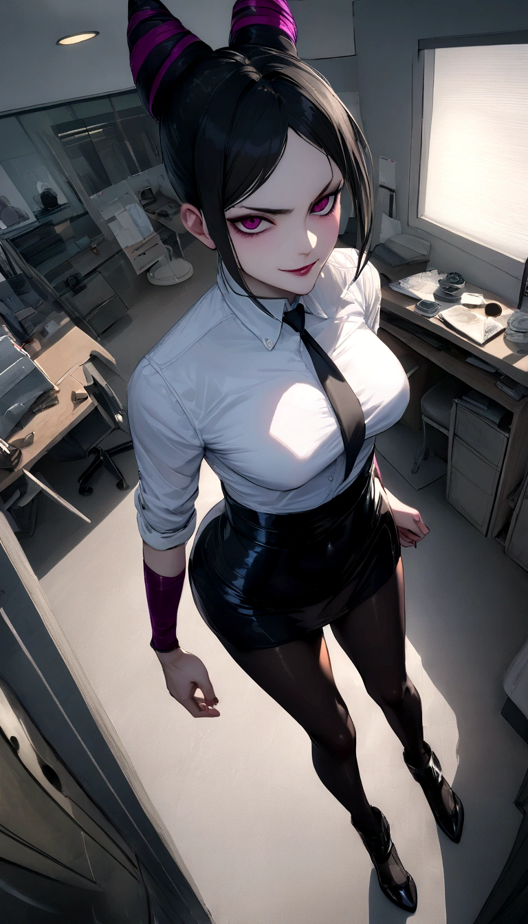 juri han, work of art, tight white secretary shirt with black tie, black high waist skirt, short skirt,stocking, black hair, black tights,evil smile,office,franja nos olhos,lighting,chifre de cabelos,view from above,olhando para cima
