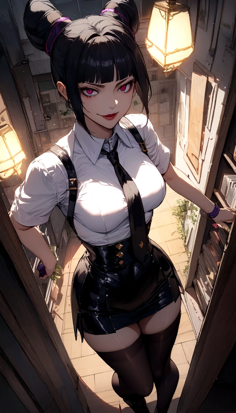 juri han, work of art, tight white secretary shirt with black tie, black high waist skirt, short skirt,stocking, black hair, black tights,evil smile,office,franja nos olhos,lighting,chifre de cabelos,view from above,olhando para cima
