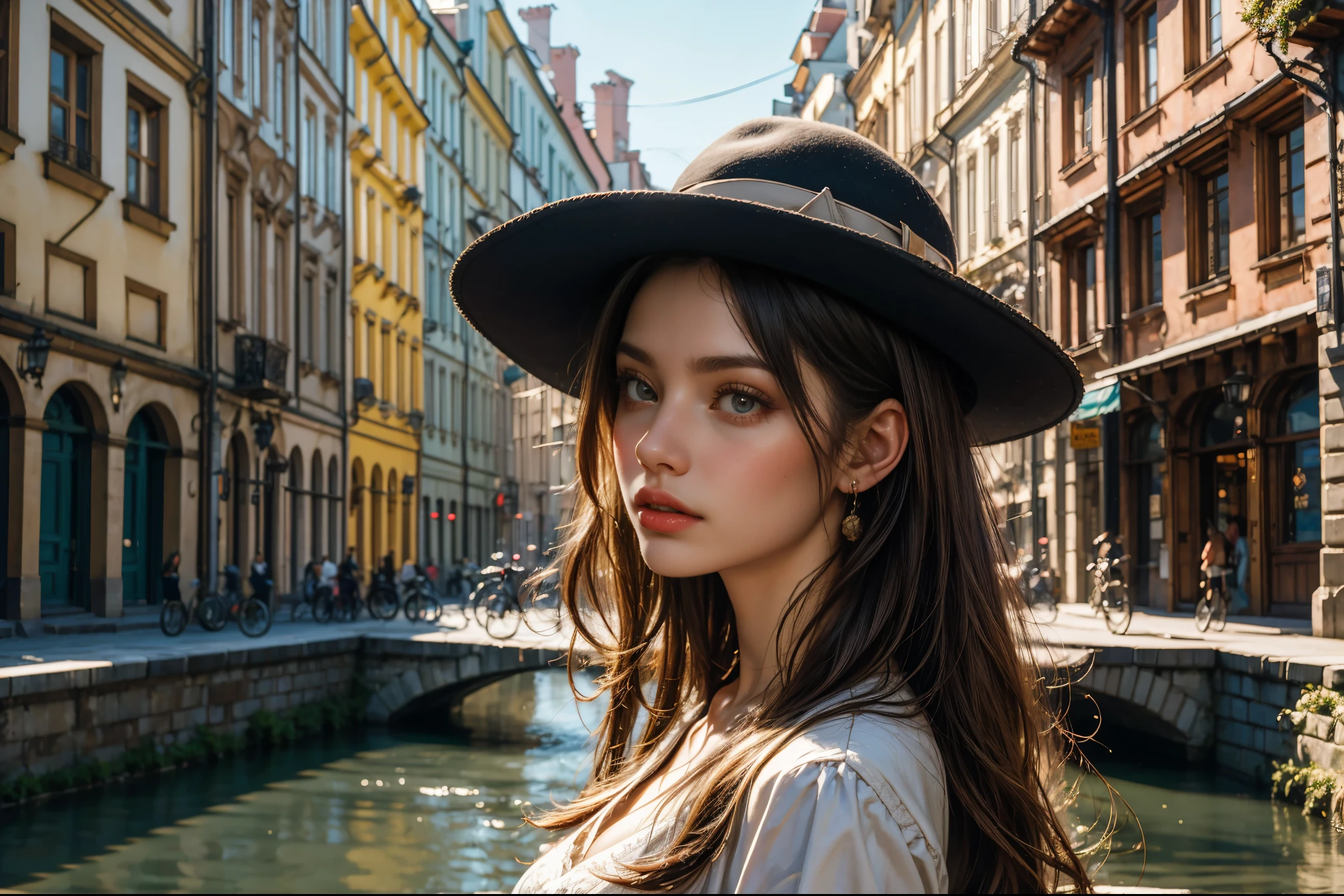 Top quality, high resolution HDR, realistic photography, detailed, masterpiece. A stunning portrait of a 20-year-old woman, taken in the heart of St. Petersburg in summer. She is dressed in chic, contemporary clothing and wearing a fashionable hat. In the background is the iconic and picturesque cityscape of St. Petersburg with its beautiful architecture reflected in the calm waters of the nearby river. The overall atmosphere of the image is warm and inviting, exuding an air of elegance and sophistication.