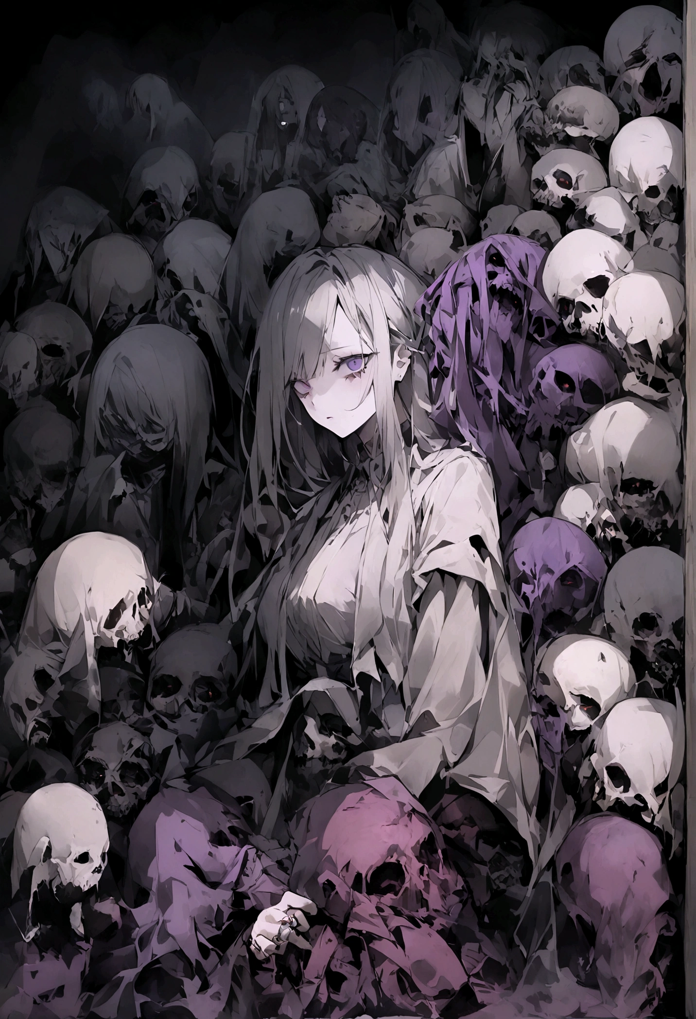 Horror、scared、dark、Creepy、Japan、Hell、devil、Has a bee weapon、night、A little bit of smoke、、drop down、daemon、It gives off a frightening aura、trauma、My life is about to be taken、魂抜かれるscared女性の顔、Vengeful spirit、Grudge、Temple、Grave、darkness、purple、wraith、daemon、ring、ghost、Ghost、invulnerability