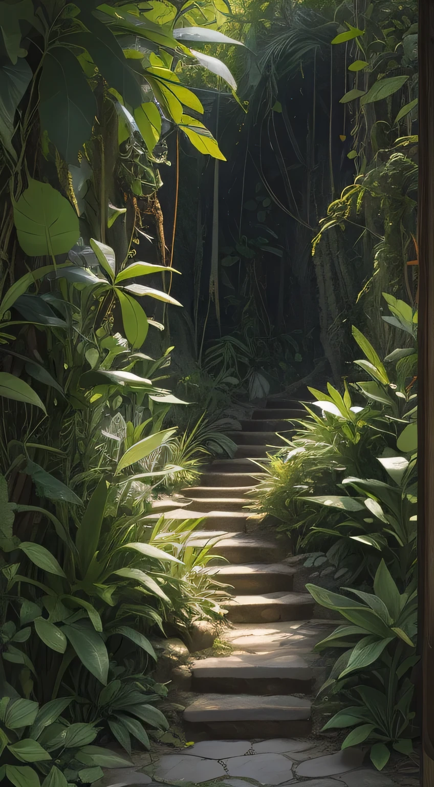 Detailed and intricate digital illustration of dense jungle, full of exotic plants and animals,