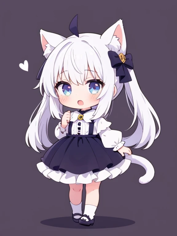 1 girl,cat costume,white hair,hair accessory,chibi,full body,front view,cute,open mouth