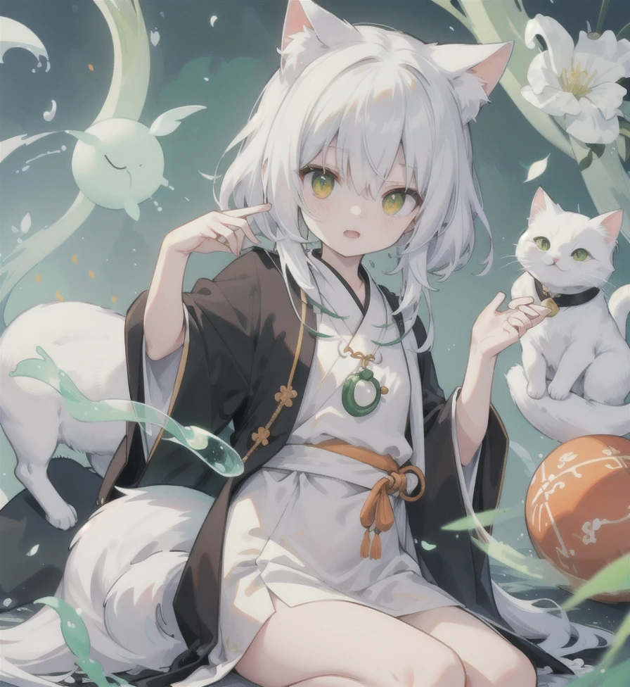 Yi，White cat，There is a round green jade stone on the chest，Wearing black and orange robes