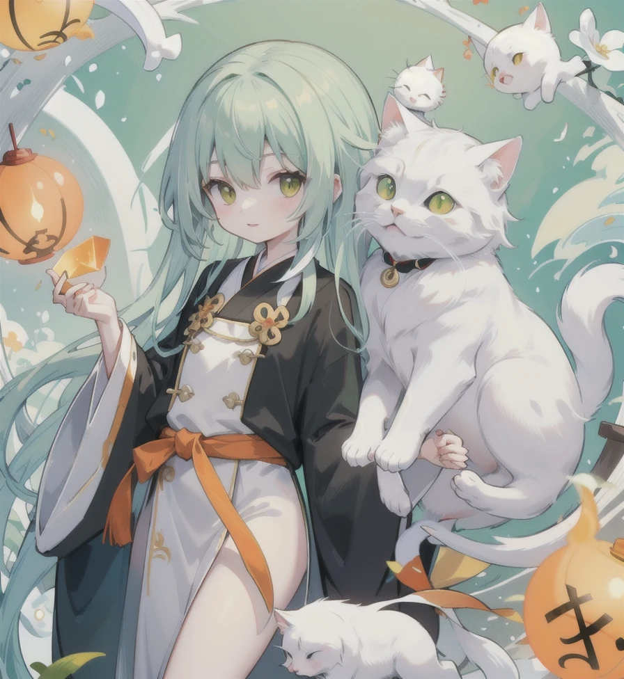 Yi,White cat,There is a round green jade stone on the chest,Wearing black and orange robes
