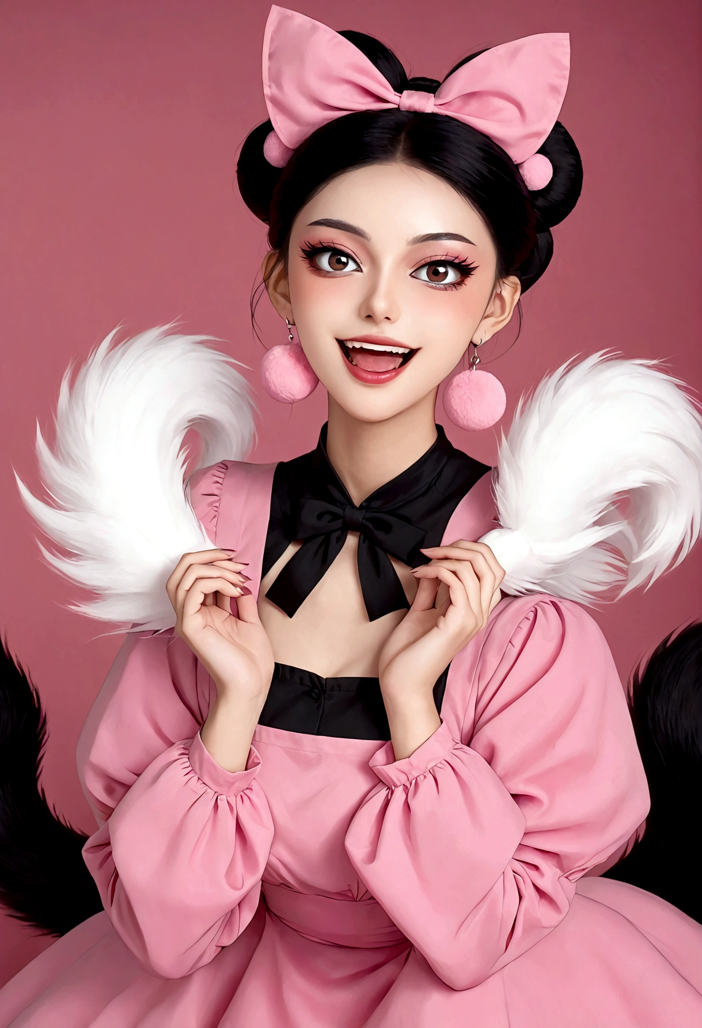 Beautiful face,beautiful eyes,Pink Eyeshadow,laughing out loud,Fangs,(((9 big, fluffy tails))),Black high bun,Pink pompom earrings,Pink maid outfit,