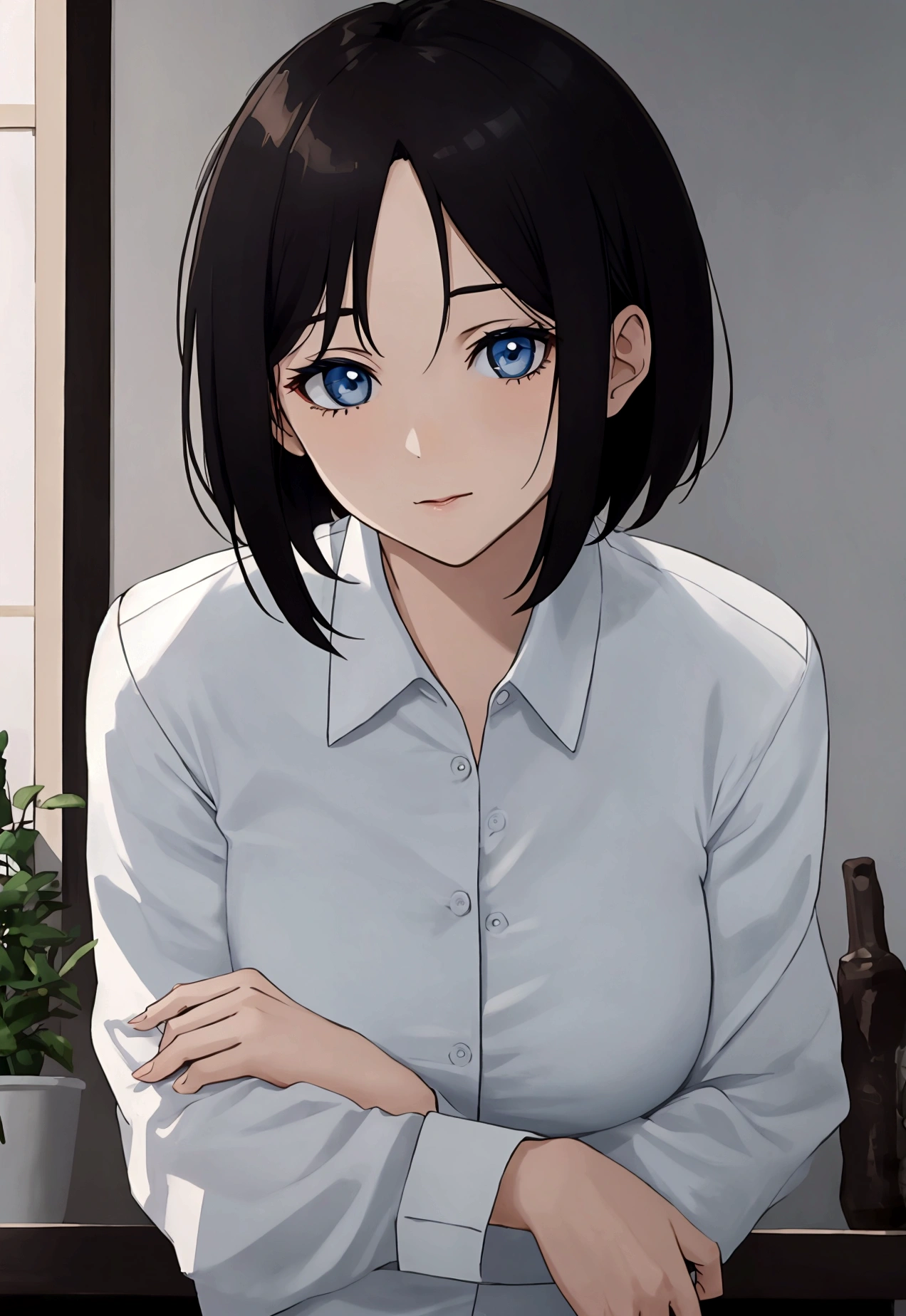 perfect face, 1 girl, short hair, dark blue, mature girl, smal breast, white shirt 