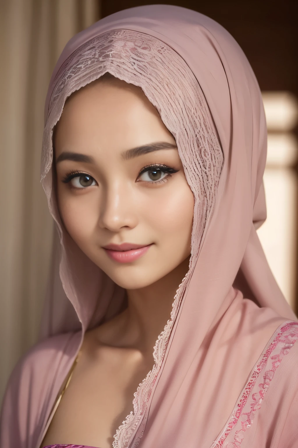 hot pink, cleavage, hijabi, Absurd, ultra-detailed, high quality, masterpiece, detailed face, beautiful eyes(detailed eyes), javanese, gentle and graceful, face exudes warmth and kindness, eyes described as soft and comforting, gentle and steady gaze, overall appearance is simple and modest, The fabric of her garments is usually depicted as soft and earth-toned, beauty lies not in extravagant adornments, Her smile is serene and welcoming