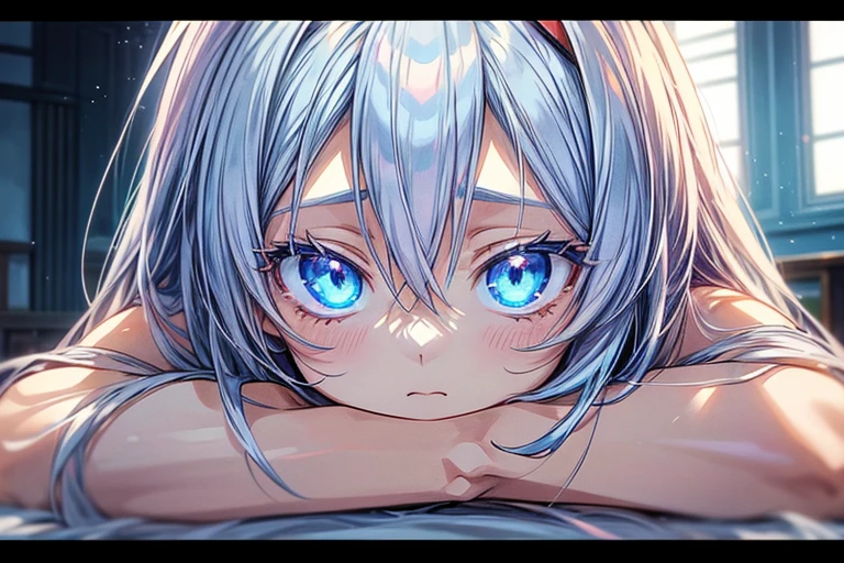 nude anime girl with white hair and blue eyes in a room, an anime drawing inspired by Puru, trending on pixiv, mingei, rogue anime girl ayanami rei, close up of a young anime girl, screenshot from a 2012s anime, still from tv anime, white fox anime, with huge luminous sad eyes, female anime character