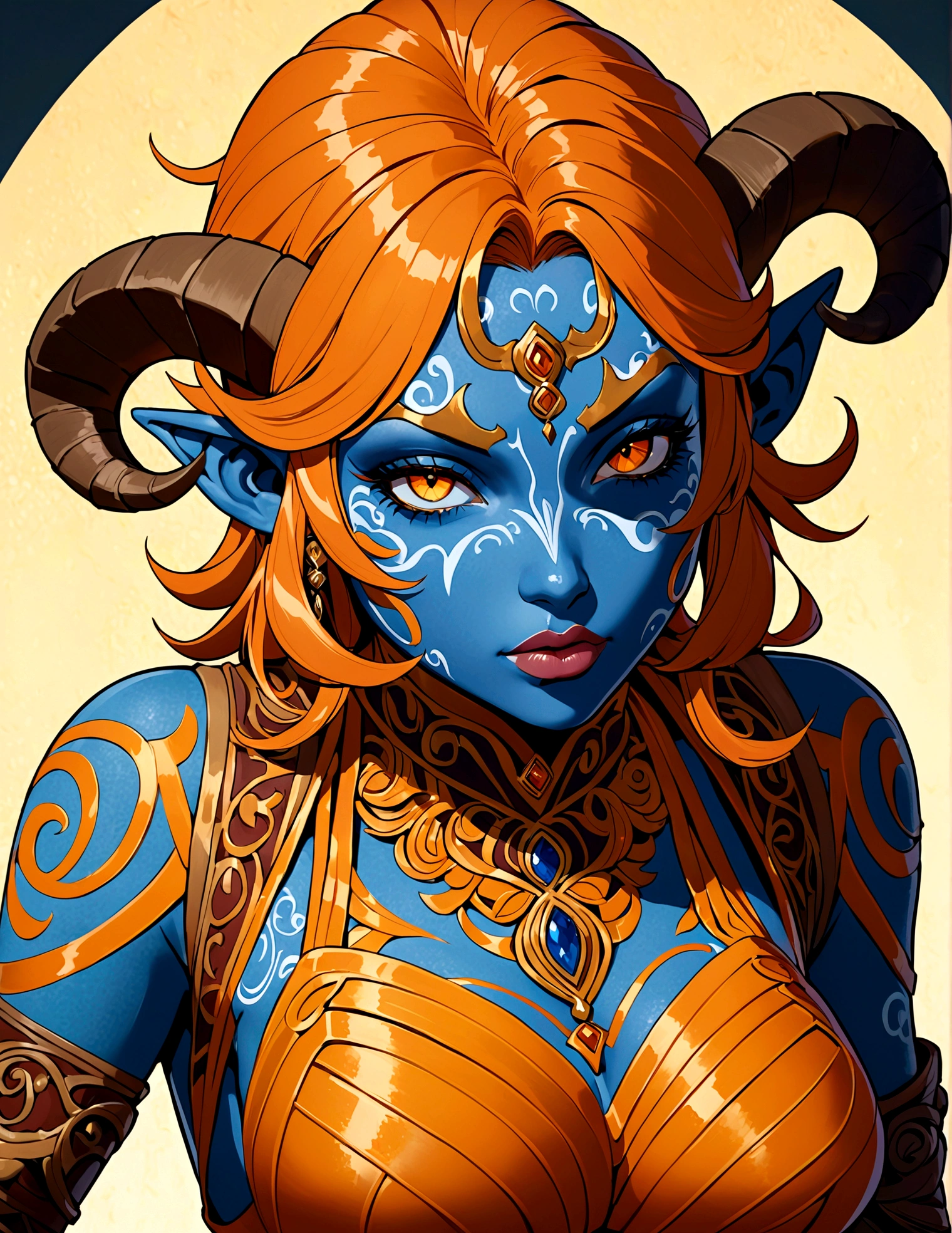 (((masterpiece))), (((best quality: 1.4))), ((Super Detail: 1.4)) , An extremely detailed gouache painting of a female tiefling, Disgusted look, Gorgeous exotic style, Amber neon eyes:1.5, Orange Hair, Extremely detailed facial features, Expressive face, Detailed texture, Blue skin tone, Tattoo, Natural Skin Shader, Volumetric method, Warm undertones in the skin, Ultra-high resolution