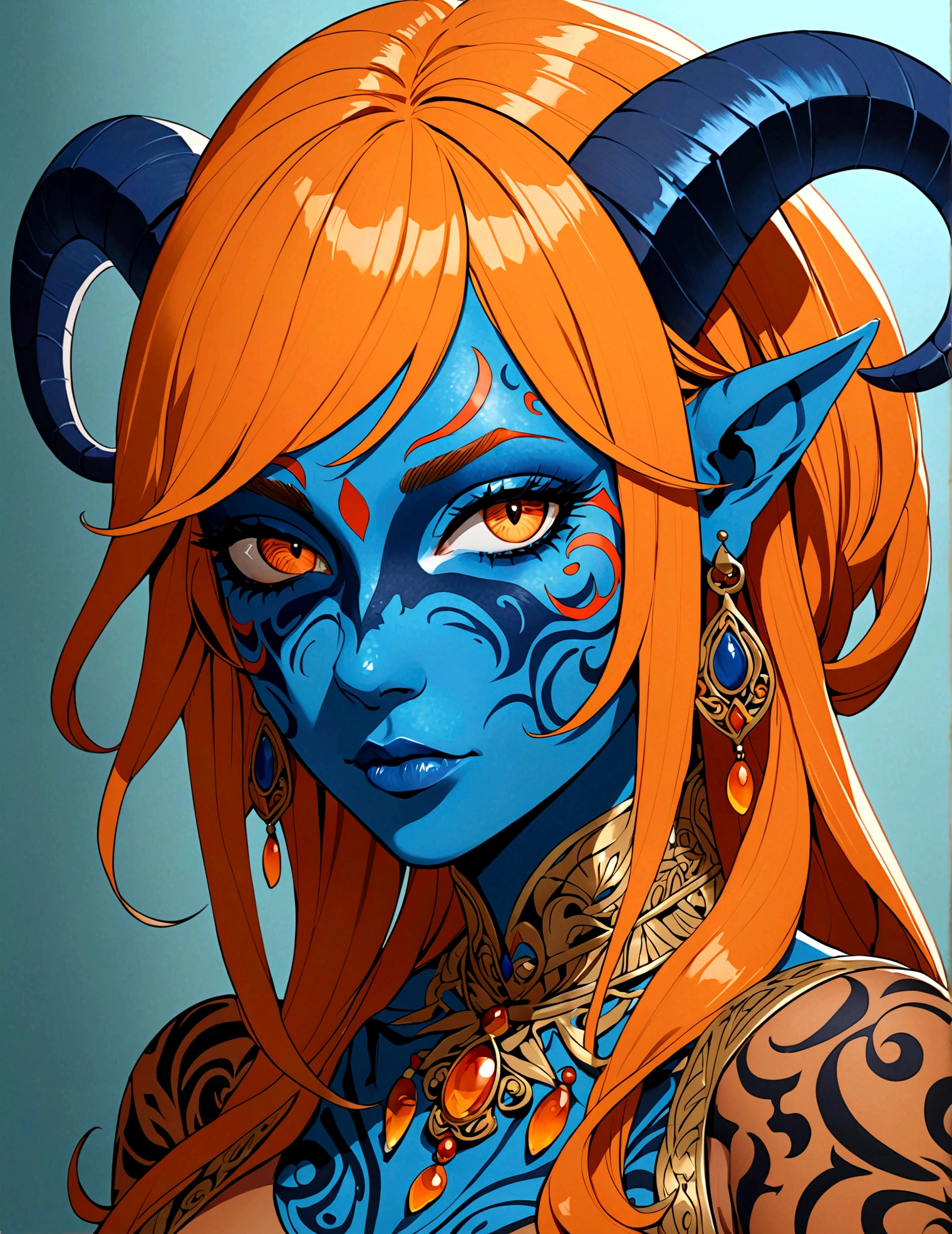 (((masterpiece))), (((best quality: 1.4))), ((Super Detail: 1.4)) , An extremely detailed gouache painting of a female tiefling, Disgusted look, Gorgeous exotic style, Amber neon eyes:1.5, Orange Hair, Extremely detailed facial features, Expressive face, Detailed texture, Blue skin tone, Tattoo, Natural Skin Shader, Volumetric method, Warm undertones in the skin, Ultra-high resolution