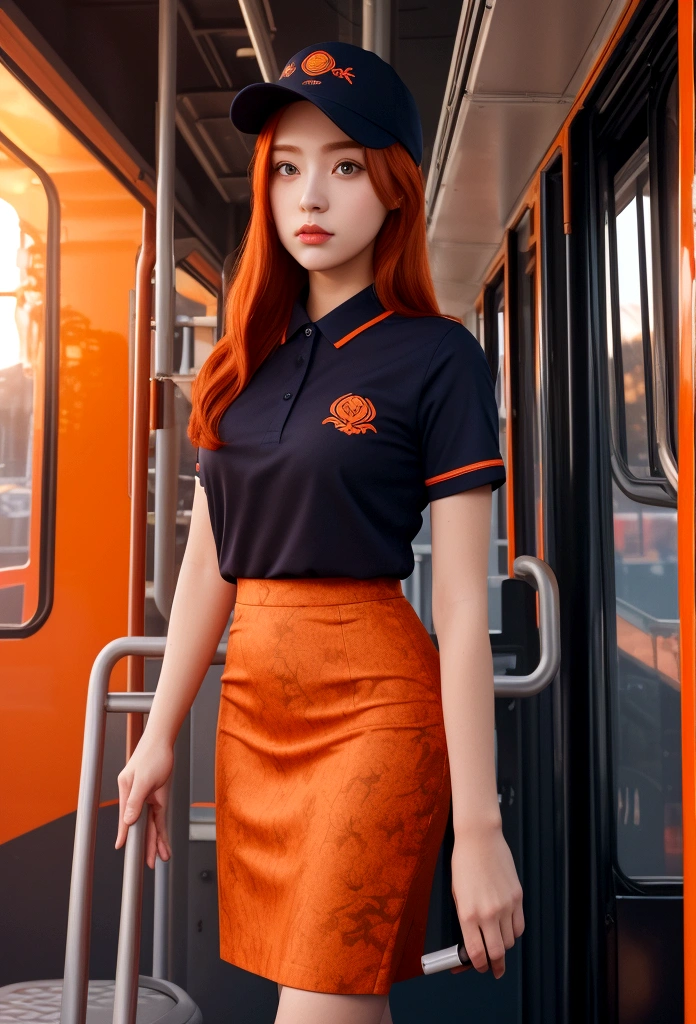One girl, alone, Redhead, Red eyes, Double Tail, Employee uniforms, Pencil Skirt, Skull print, Navy Cap, Orange sky,, Outdoor, station, Stand in front of the bus,,