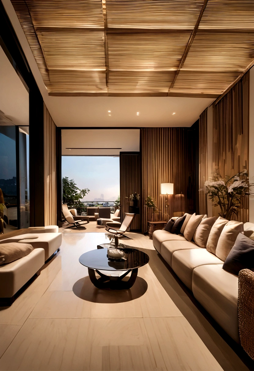 Luxury hotel lobby interior made of bamboo and rattan style by ZAHA HADID, morning, real photo