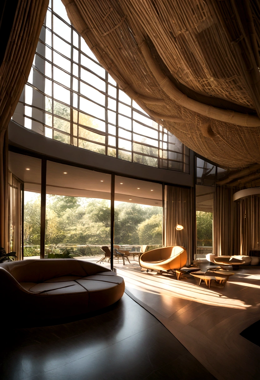 Luxury hotel lobby interior made of bamboo and rattan style by ZAHA HADID, morning, real photo