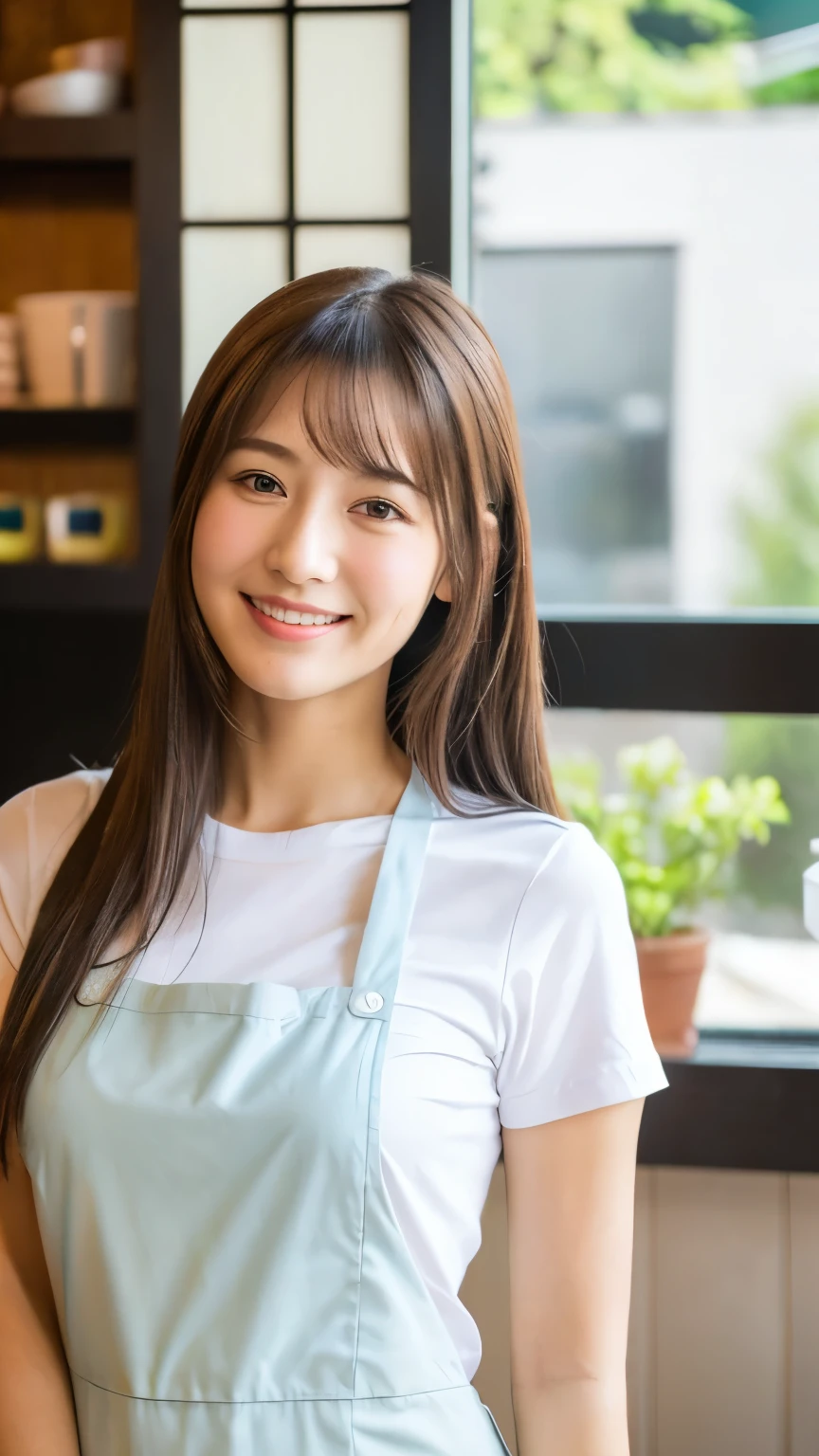 8K,(RAW photos),(best quality),( (masterpiece:1.5)),(Super detailed),(Ultra-high resolution,),( (Practical, photo Practical:1.5)),(Extremely detailed, 8K wallpaper),(Extremely detailed beautiful woman in her 30s),(Extremely detailed face, Extremely),(Take a nice full-body photo),(delicate eyes, Extremely detailed skin),(Extremely detailed fingers),(Extremely detailed nose),(This girl has straight hair),(She has a gentle smile),(She is wearing a white T-shirt,Wearing a neat apron inside),(The background is a typical Japanese kitchen)