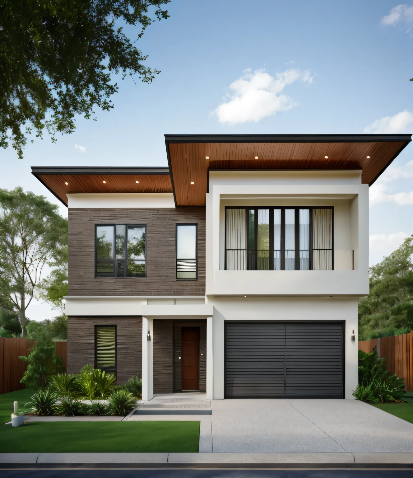 Exterior of house, mordern material decorations, (canopy in front of house:1.4), (a road in front of house:1.3), tree, sky, cloud, morning weather.