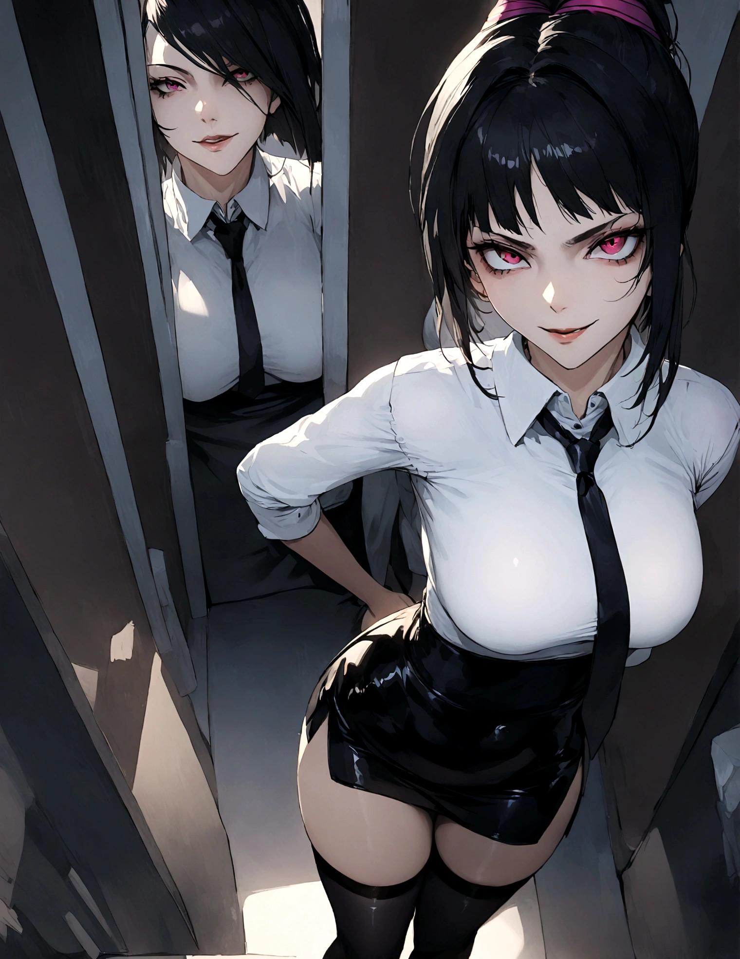 juri han, looking back,hands in pocket,work of art, tight white secretary shirt with black tie, black high waist skirt, short skirt,stocking, black hair, black tightscary sun,office,bangs on the eyes,lighting,horn of hair,view from above,evil smile,Linda