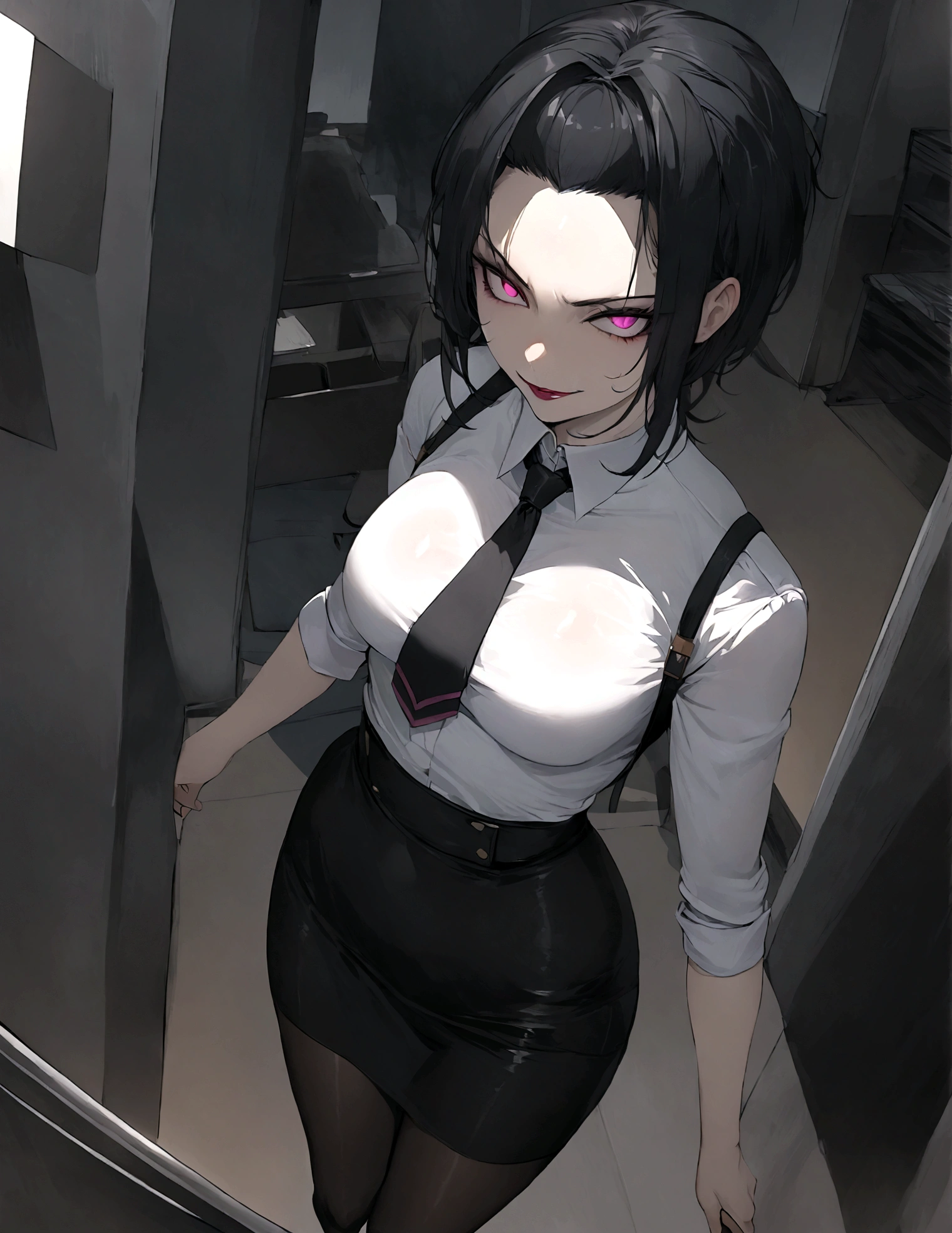 juri han, work of art, tight white secretary shirt with black tie, black high waist skirt, short skirt,stocking, black hair, black tights,evil smile,office,franja nos olhos,lighting,chifre de cabelos,view from above,olhando para cima
