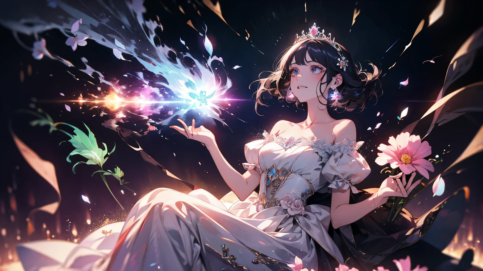princess, flowers, glowing dress, sitting on a box, , blood, floating hair, epic, flood, anger, Psychedelics effects, meteor, cosmos
