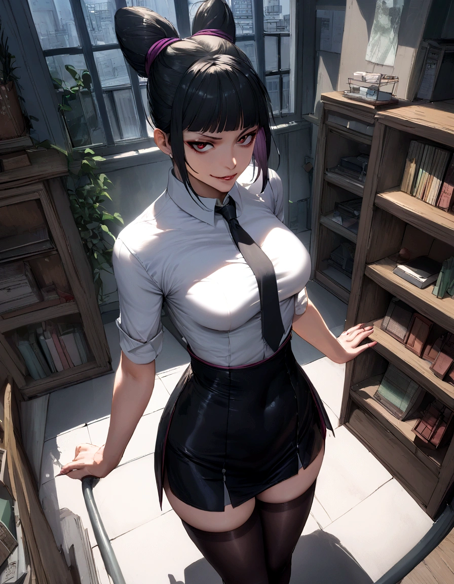 juri han, work of art, tight white secretary shirt with black tie, black high waist skirt, short skirt,stocking, black hair, black tights,evil smile,office,franja nos olhos,lighting,chifre de cabelos,view from above,olhando para cima
