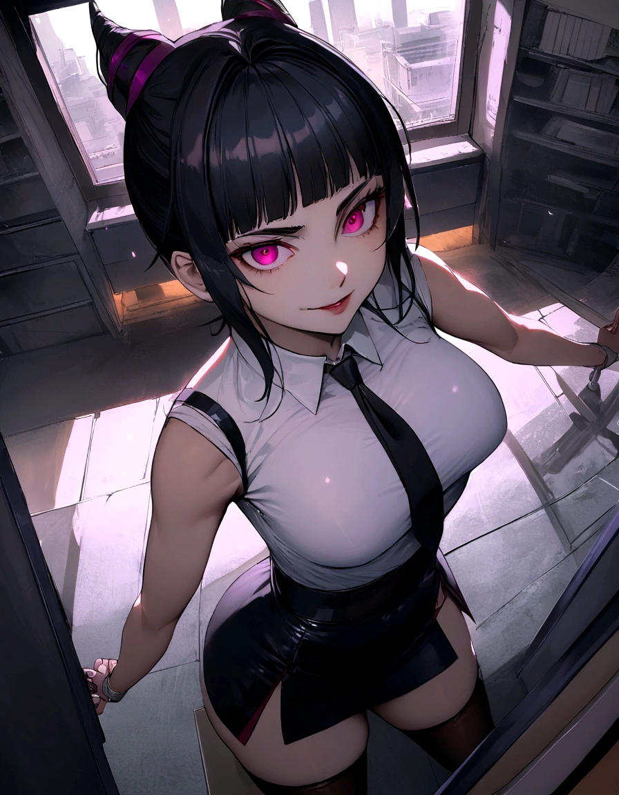 juri han, work of art, tight white secretary shirt with black tie, black high waist skirt, short skirt,stocking, black hair, black tights,evil smile,office,franja nos olhos,lighting,chifre de cabelos,view from above,olhando para cima