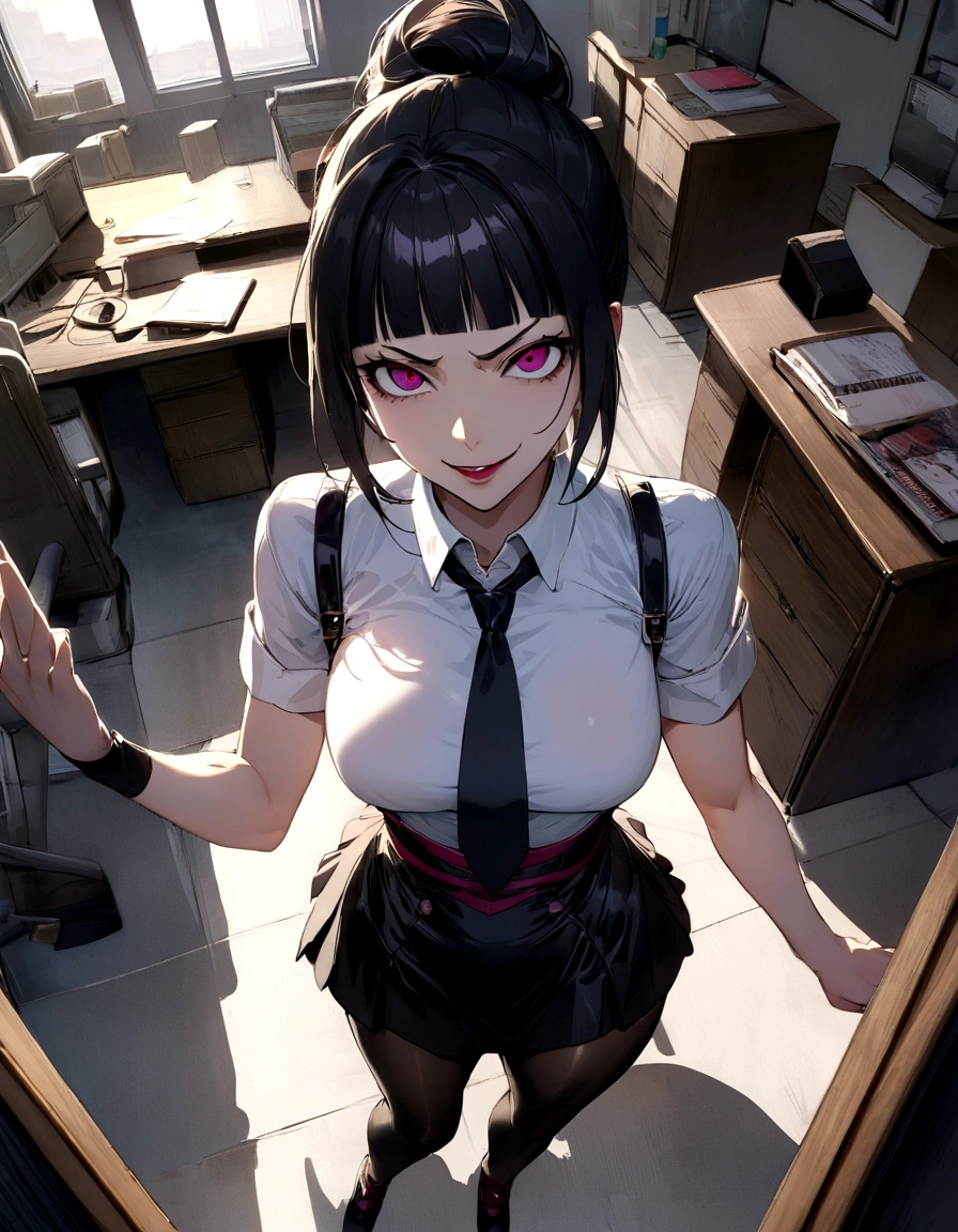 juri han, work of art, tight white secretary shirt with black tie, black high waist skirt, short skirt,stocking, black hair, black tights,evil smile,office,franja nos olhos,lighting,chifre de cabelos,view from above,olhando para cima
