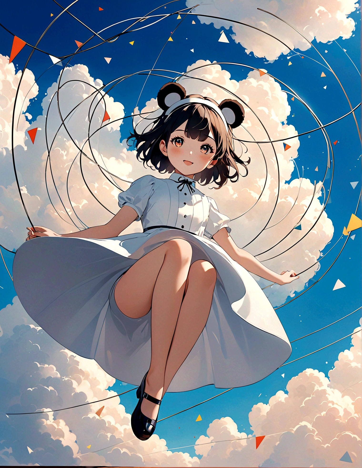 masterpiece, Top quality, Stills, A girl, Floating in the air, cloud girl, cloud, (close up: 1.1), bright, Happy, pleasure, soft light, (Bauhaus, shape, Wire, Abstract: 1.1), Panda ears