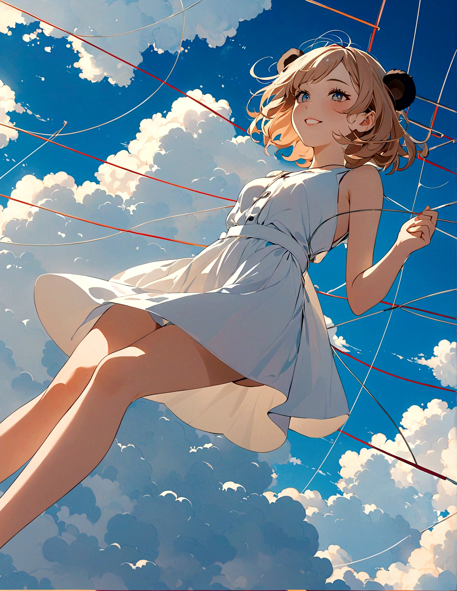 masterpiece, Top quality, Stills, A girl, Floating in the air, cloud girl, cloud, (close up: 1.1), bright, Happy, pleasure, soft light, (Bauhaus, shape, Wire, Abstract: 1.1), Panda ears