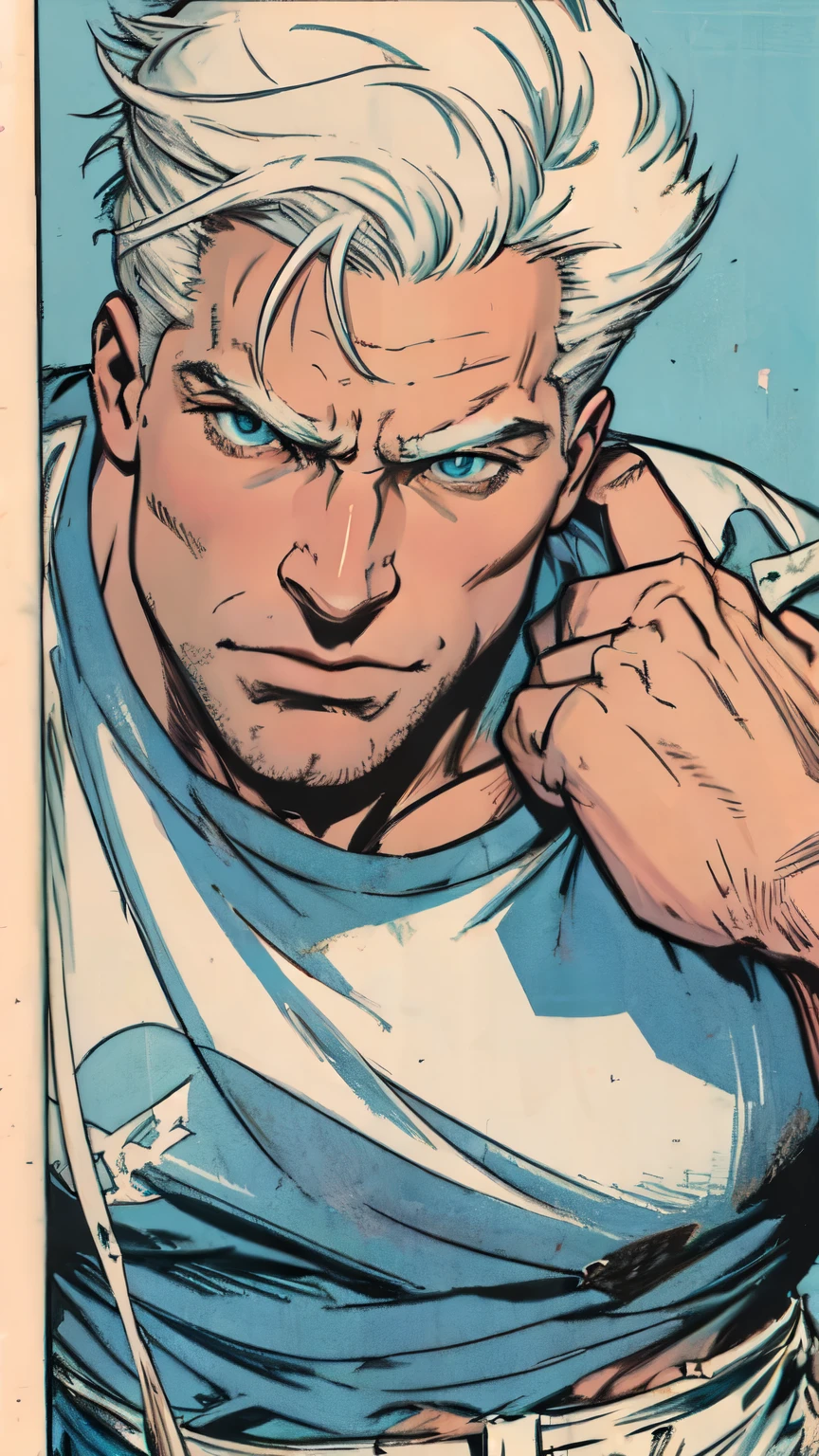
Flat colors,close-up, portrait,  of a 25 year old assassin, ([blue eyes]) spiky white hair hair, natural beaty, beautiful, white tee, torn jeans, masterpiece, (([apartment background]))

