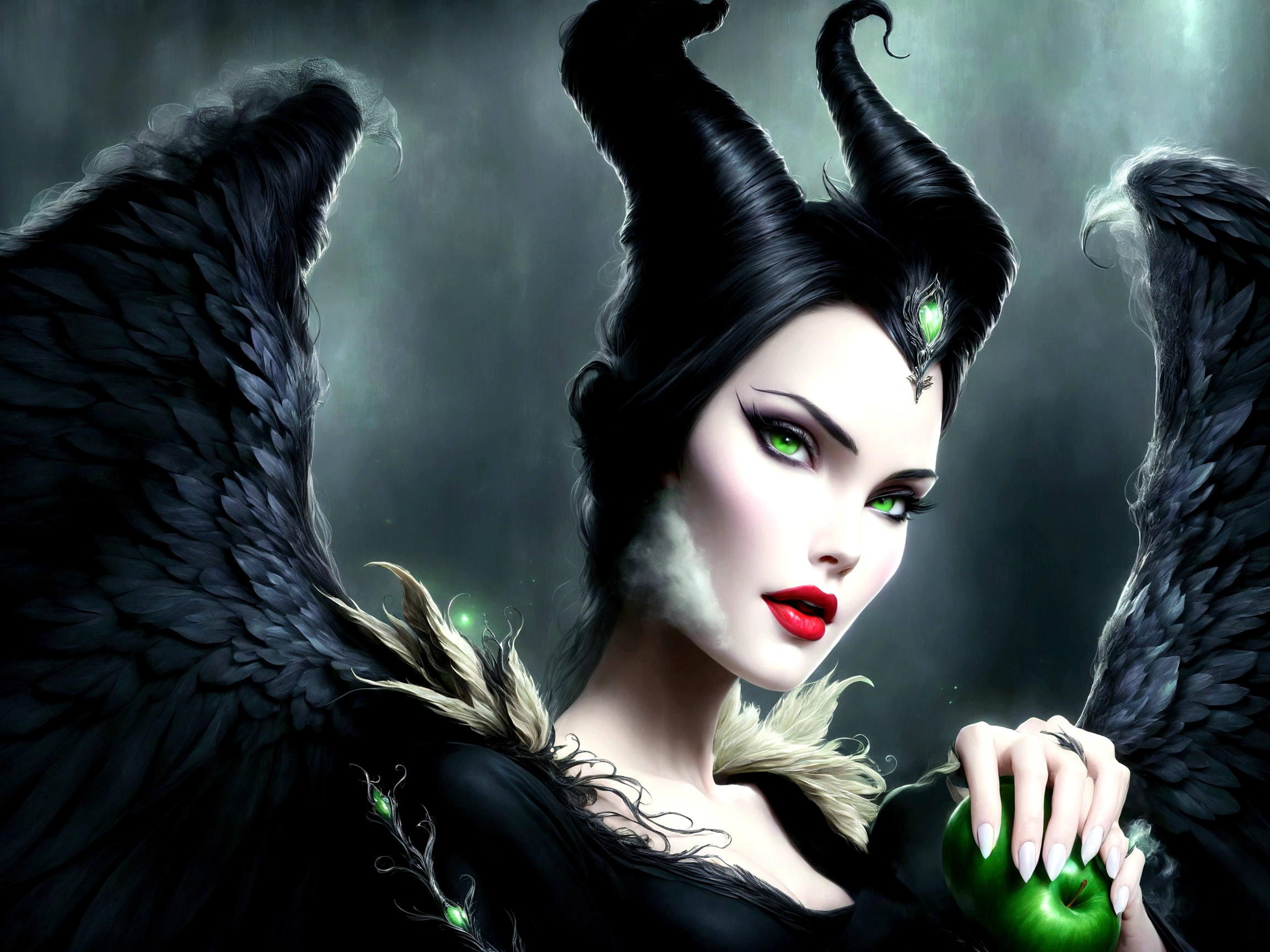 maleficent holding a green apple with wings and a dark background, female disney villain, megan fox witch queen, villainess has black angel wings, artgerm 4 k, villainess, 4k art, portrait shot, fantasy movie, 4k high res, angeline jolie, exclusive, morgana, hd wallpaper, cinematic romantic magical, fan art