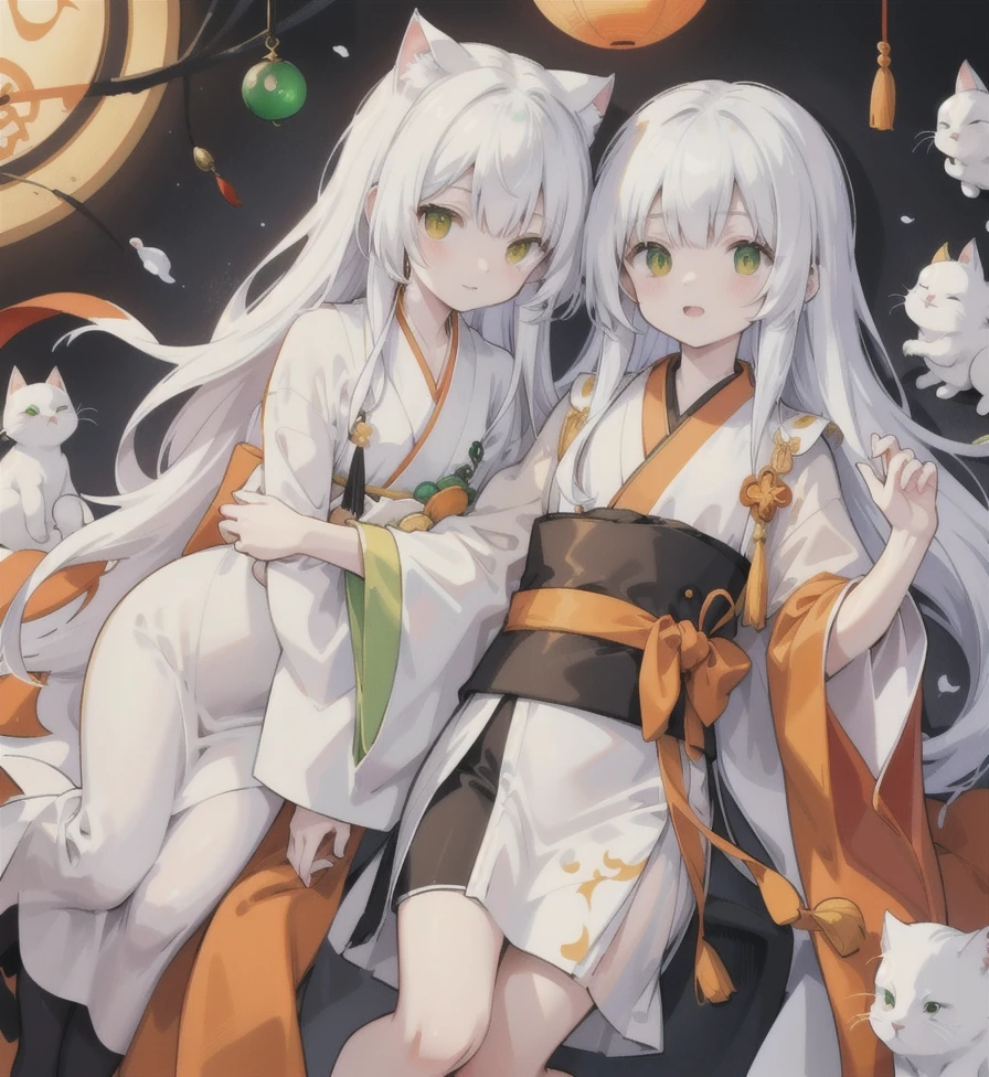 White cat,Black Hanfu,orange robe,A round green jade stone hangs on the chest