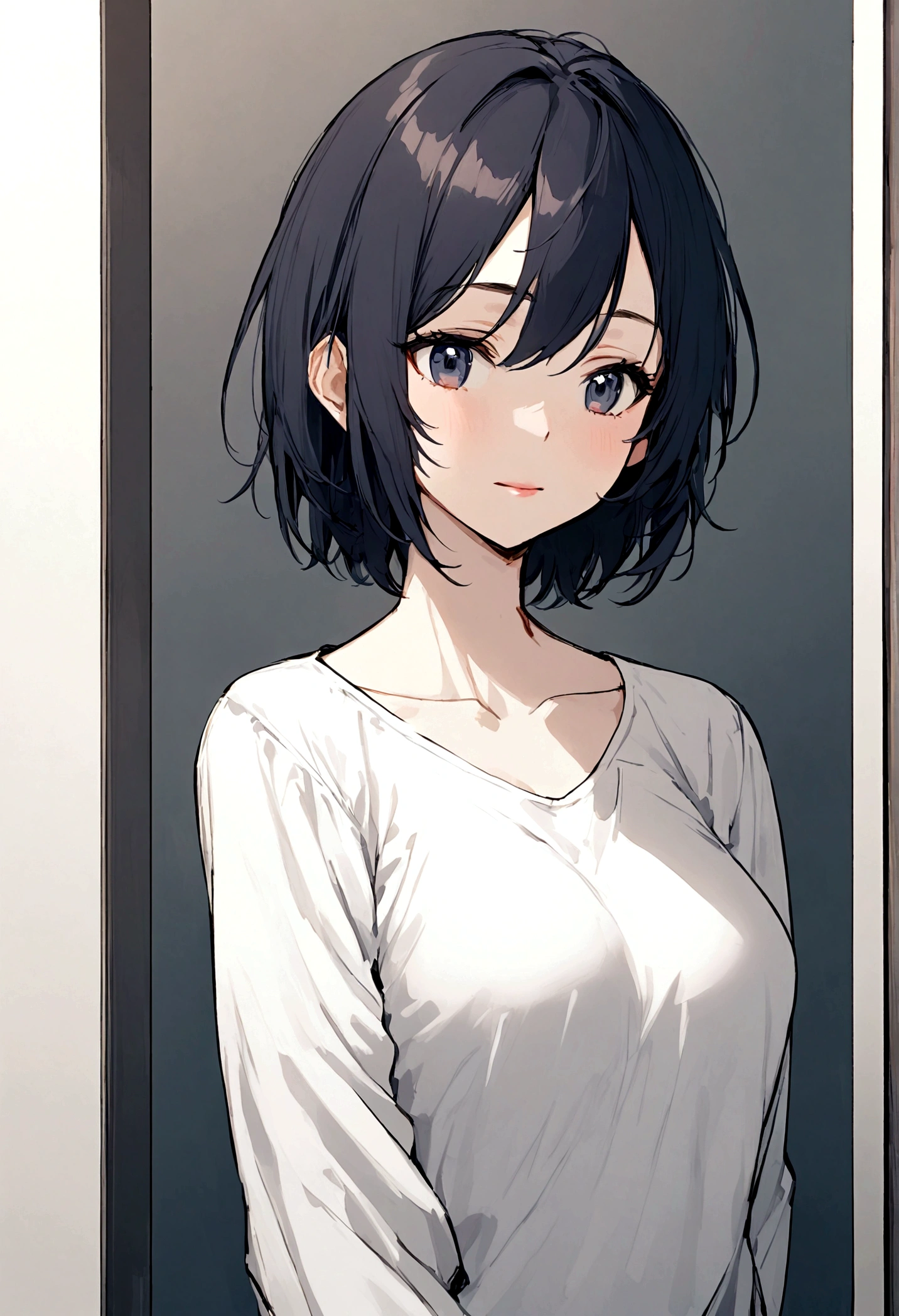 perfect face, 1 girl, short hair, dark blue, mature girl, smal breast, white shirt 