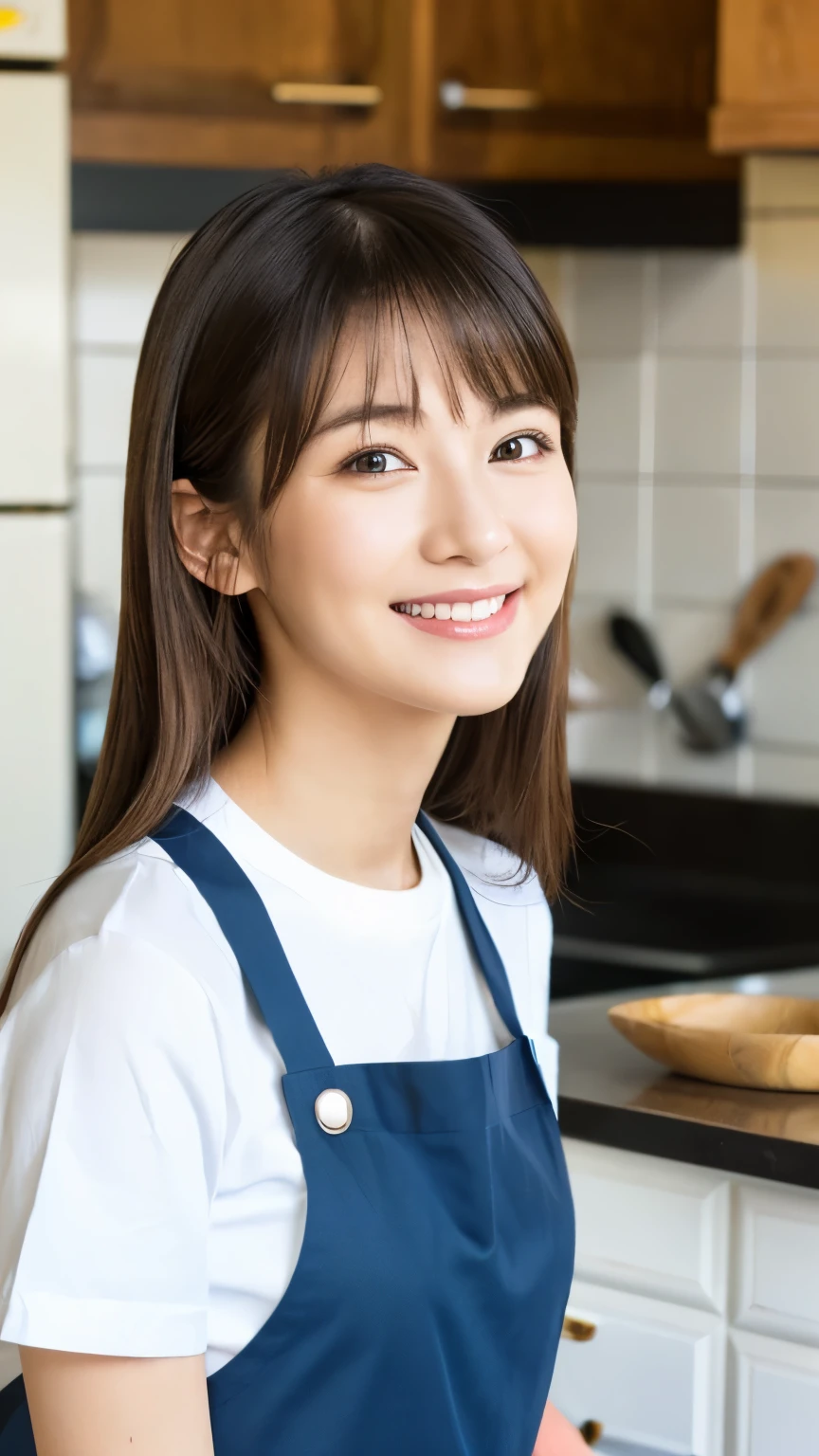 8K,(RAW photos),(best quality),( (masterpiece:1.5)),(Super detailed),(Ultra-high resolution,),( (Practical, photo Practical:1.5)),(Extremely detailed, 8K wallpaper),(Extremely detailed beautiful woman in her 30s),(Extremely detailed face, Extremely),(Take a nice full-body photo),(delicate eyes, Extremely detailed skin),(Extremely detailed fingers),(Extremely detailed nose),(This girl has straight hair),(She has a gentle smile),(She is wearing a white T-shirt,Wearing a neat apron inside),(The background is a typical Japanese kitchen)
