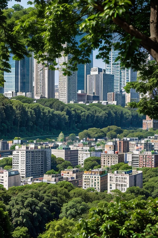 City image,  covered with greenery, where buildings and roads intertwine with forests and gardens