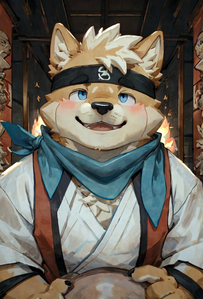 (masterpiece)，(Very detailed)，(best quality)，hairy，Shiba Inu，fur，white hair，Gray pupil，Chubby，(Shota)，(Japan samurai attire)，((blue scarf))，((Brown headband))，(blush:1.1)，((Close your eyes))，Happy expression，Temple Background，8K，(high quality)，(Ultra high quality)，(Super detailed)，(Best Works)