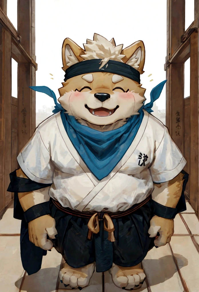 (masterpiece)，(Very detailed)，(best quality)，hairy，Shiba Inu，fur，white hair，Gray pupil，Chubby，(Shota)，(Japan samurai attire)，((blue scarf))，((Brown headband))，(blush:1.1)，((Close your eyes))，Happy expression，Temple Background，8K，(high quality)，(Ultra high quality)，(Super detailed)，(Best Works)