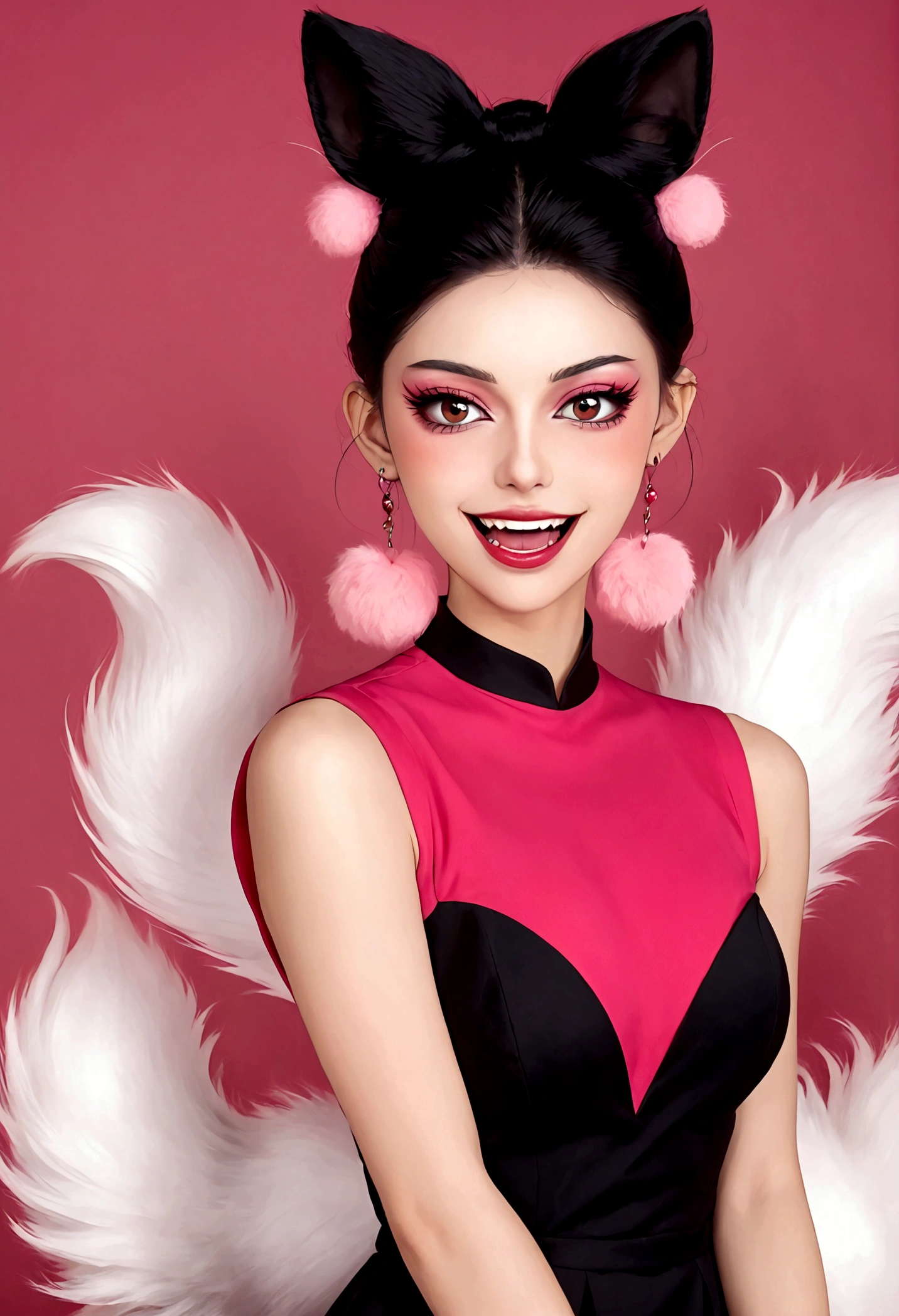 Beautiful face,beautiful eyes,Pink Eyeshadow,laughing out loud,Fangs,(((9 big, fluffy tails))),Black high bun,Pink pompom earrings,Sexy red sleeveless dress