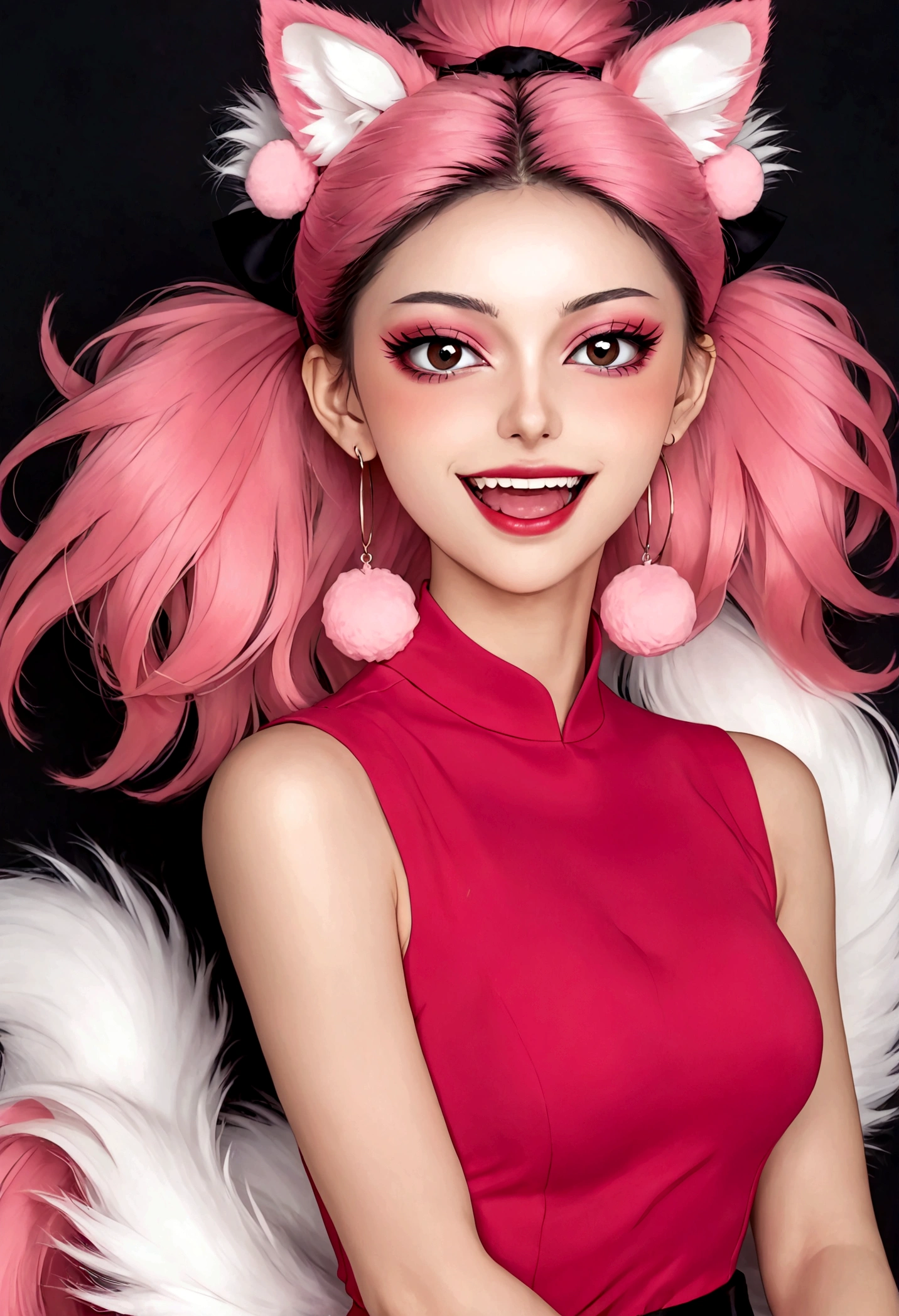 Beautiful face,beautiful eyes,Pink Eyeshadow,laughing out loud,Fangs,(((9 big, fluffy tails))),Black high bun,Pink pompom earrings,Sexy red sleeveless dress