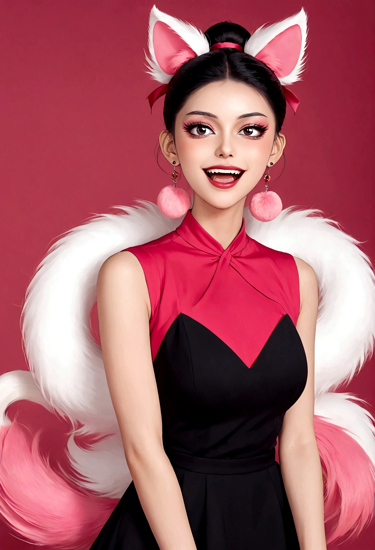 Beautiful face，beautiful eyes，Pink Eyeshadow，laughing out loud，Fangs，(((9 big, fluffy tails)))，Black high bun，Pink pompom earrings，Sexy red sleeveless dress